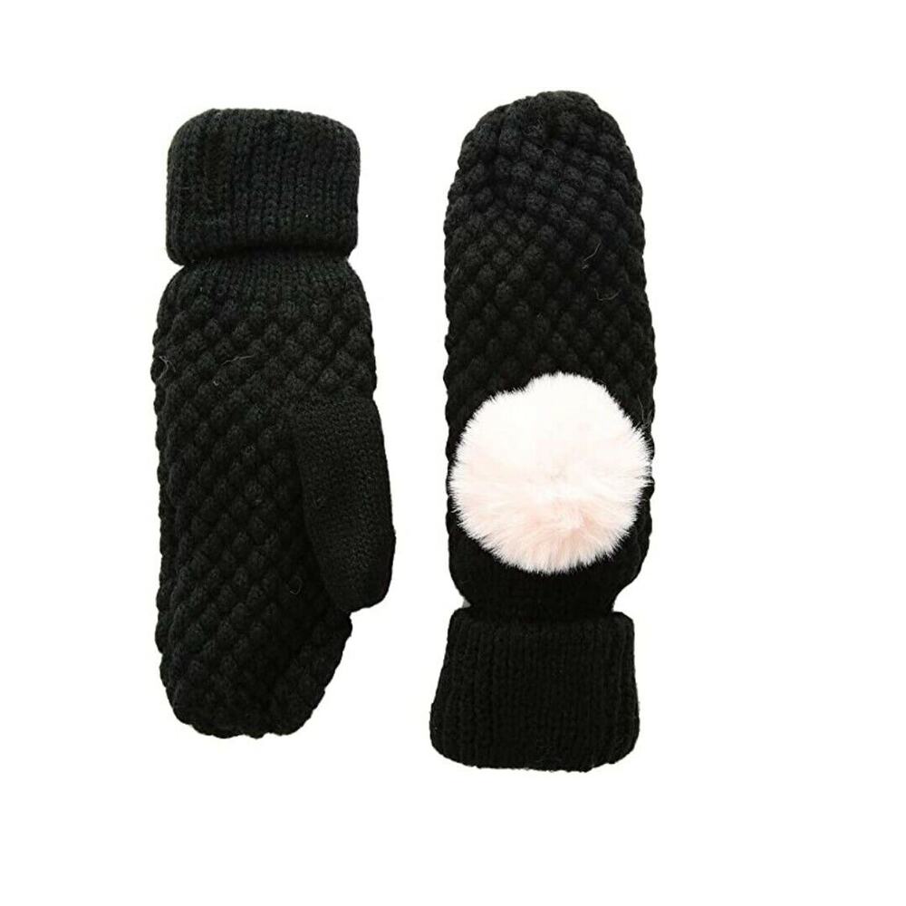 Tundra Boots Kids Knit Mittens Faux Rex Poms Black/ Pink Size L